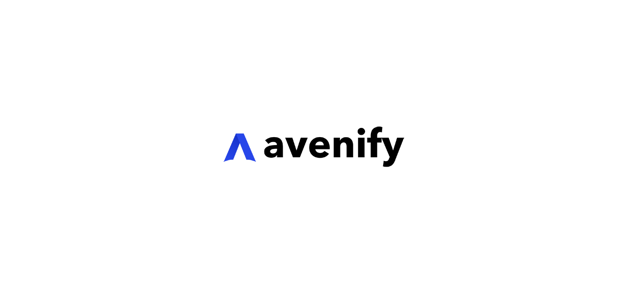 Logo for Avenify with blue emblem and black font